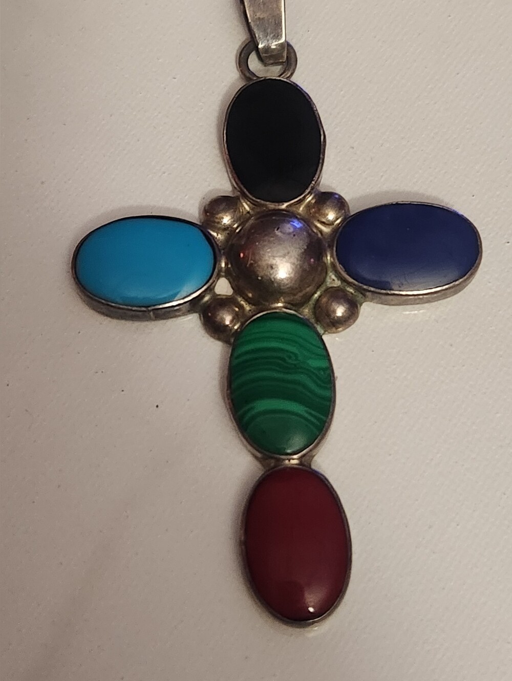 Mexixo Taxco 925 Sterling Silver Multicolor Stone Cross Pendant